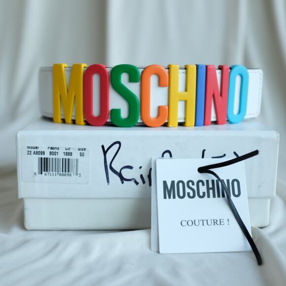Moschino White Leather Multicolor Logo Buckle Belt Size Unisex IT50 main image 4